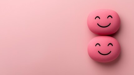 Fototapeta premium Two Pink Macarons with Smiling Faces Stacked on a Pink Background