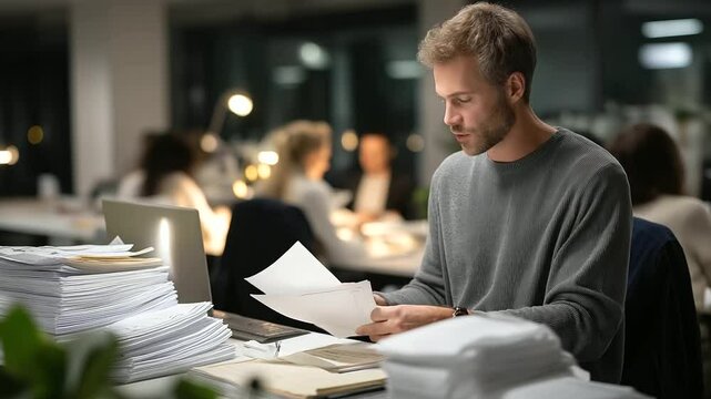 Office manager reviewing production quotas during a busy evening