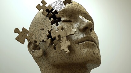 A head composed of puzzle pieces, suggesting fragmented thoughts or incomplete understanding. 