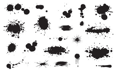 Set of grunge ink splatter. Splash of paints, spray drops, blood splash, wet paint drop collection. Kit with design elements- splash and drip, silhouette blob spray. Stock-Vector Illustration