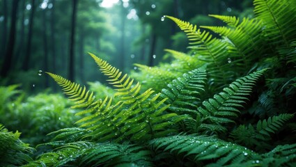 Ferns Growing in Lush Forest with Water Droplets and Misty Light