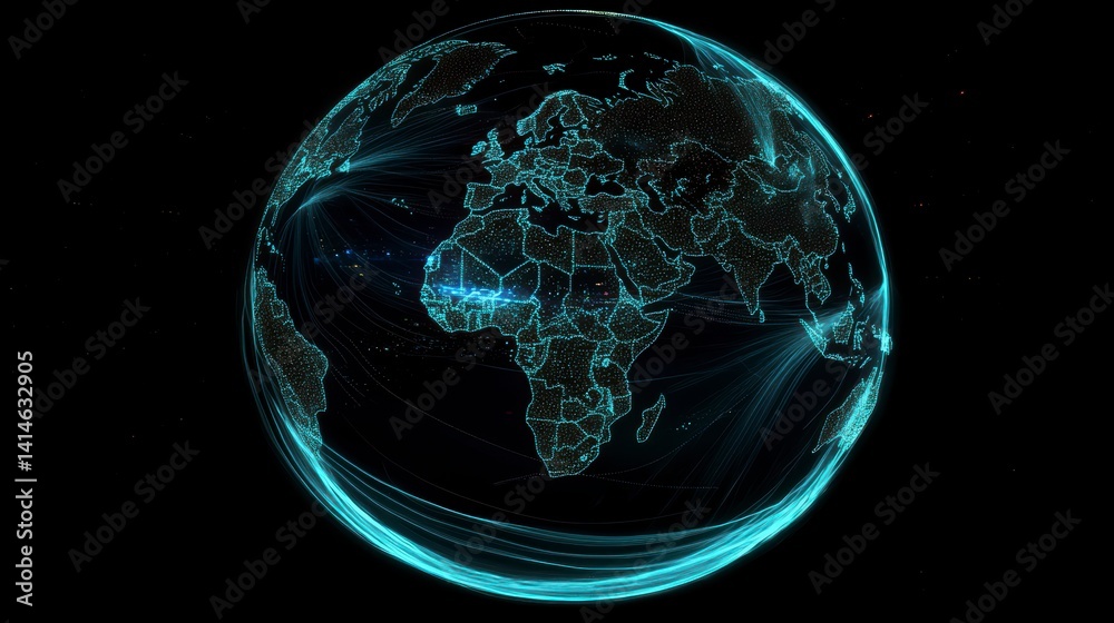Poster Futuristic glowing globe with digital lines representing global network connections.