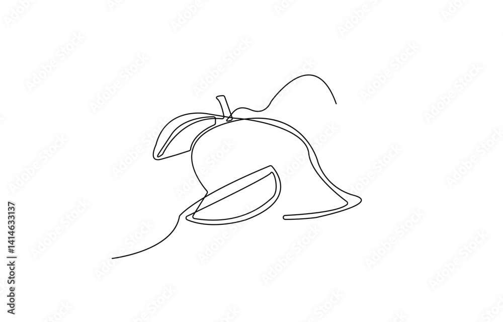 Poster Continuous one line drawing of mango. Doodle vector illustration, Continuous one line drawing of mango fruit with leaf background black.