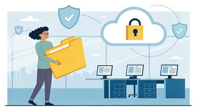 A person holding a yellow file icon and a secure cloud icon, symbolizing encrypted data transfer in a tech environment