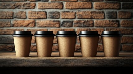 Naklejka premium Five coffee cups: A row of five paper coffee cups stand in front of a rustic brick wall, evoking warmth and the comforting aroma of a delicious morning coffee ritual.