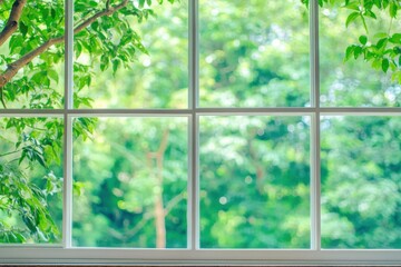 Naklejka premium Serene view through a window with lush green leaves creating a peaceful nature scene in a bright and airy room
