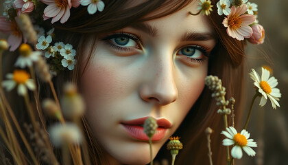 Enchanting portrait of a young woman surrounded by wildflowers in a lush meadow
