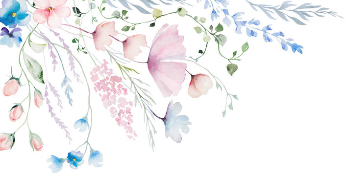 Border made with hand drawn watercolor pastel wild flowers and leaves, isolated wedding illustration