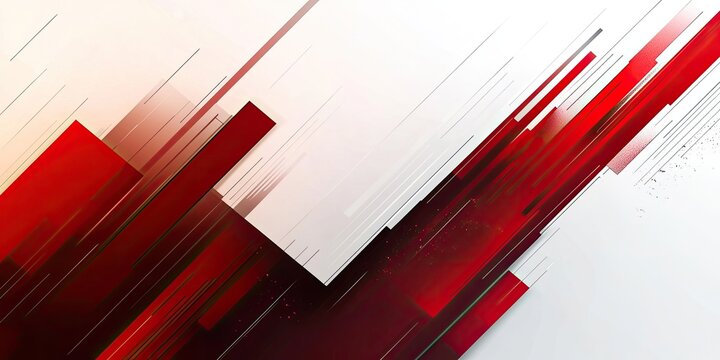 White backdrop with geometric linear patterns, red rectangles and diagonal dark stripes