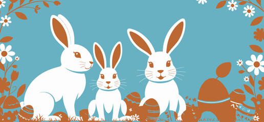 Cute Easter Bunny Family with Colorful Eggs and Spring Flowers_Festive Holiday Illustration_Easter Decoration_Seasonal Greeting Card_Bunny Art