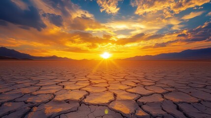 Sun setting over a cracked desert landscape at dusk