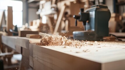 Wood shavings flying through the air in carpentry workshop
