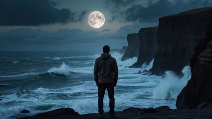 Man Watching Waves Crashing on Rocky Coast Under Full Moon