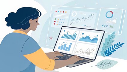 Laptop User Analyzing Market Performance Through a Transparent Dashboard with Charts and Analytics Overlays