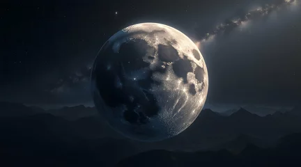 Glowing Lunar Sphere Over a Mountainous Landscape at Night
