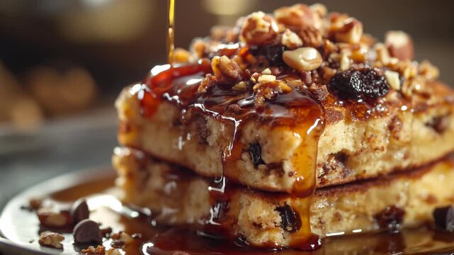 A delicious classic breakfast. Pancakes with maple syrup and nut mixture