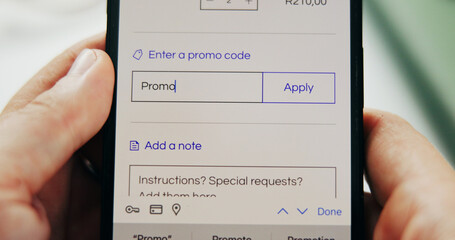 Phone screen, promo code and hands of person for retail, sale or store discount with ecommerce. Smartphone, app and customer with online shopping choice, order or delivery application with payment