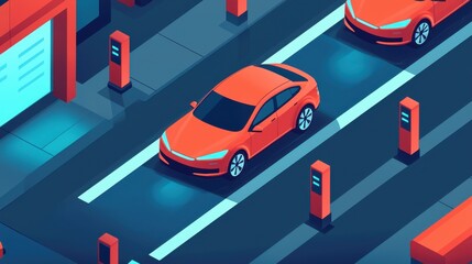 Naklejka premium Futuristic car-sharing hub in a smart city, diverse community members accessing electric vehicles via a seamless digital platform