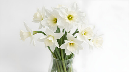 White daffodil flowers in a vase on white background