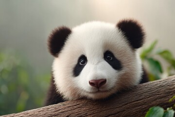 Obraz premium Cute panda perched on branch, showcasing its distinctive black a