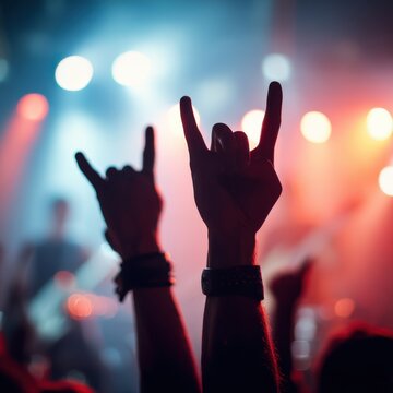 Energetic rock concert crowd raising hands in devil horns gesture illuminated by vibrant stage lights creating a dynamic atmosphere of musical passion