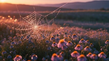 Spiderweb with Dew Drops Among Flowers at Sunset in Field
