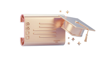 Isolated Graduation Cap and Diploma Scroll with Checkmarks