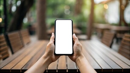 Mental Health Support and Burnout Therapy concept, A person holds a smartphone with a blank screen, sitting at a wooden table in a green outdoor setting.