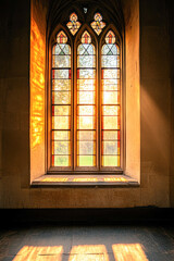 Obraz premium Sunlight streaming through gothic arched stained glass windows in historic church