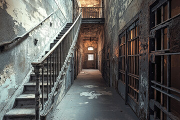 Abandoned prison hallway with rusty cells and dilapidated staircase