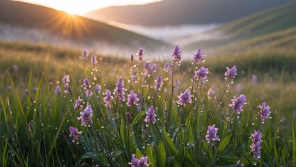 Fototapeta premium Blooming Wildflowers with Dew Drops at Sunrise on Rolling Hills