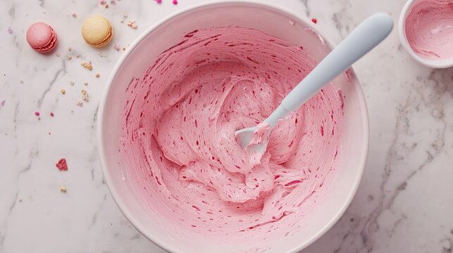 Mixing bowl with remnants of colorful macaron batter streaks
