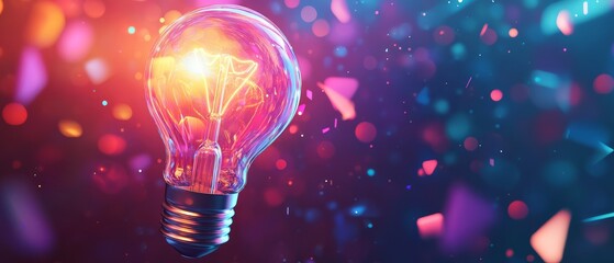 Illuminated Idea: A glowing light bulb with a vibrant energy core and a trail of confetti in an artistic style that represents creative thinking and innovation.
