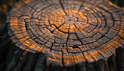 Sunlit aged tree stump displaying unique annual rings and textured surface