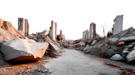 Devastation's Whisper: Ruins of a bygone civilization stand against a serene sky, portraying the raw beauty of nature's reclamation, where time etches its narrative on stone and dust.