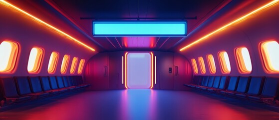 Neon Airplane Interior: Futuristic airplane cabin with vibrant neon lighting, glowing blue signage, and sleek design.  Perfect for sci-fi, travel, or technology concepts. 