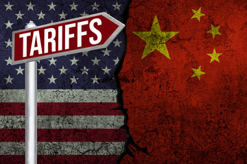 China and United States Tariffs exchange in business concept backdrop with flag. Import tariff,...