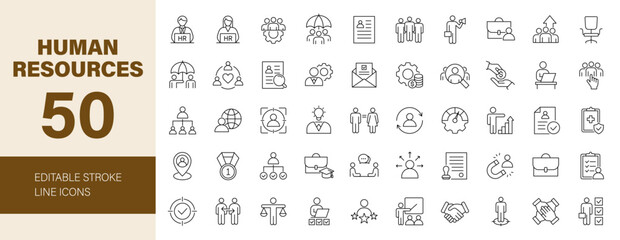 Human Resources icon set. Business related line icons: HR, recruitment, employment, office, management, business people, teamwork, resume, career and more. Editable stroke. Vector illustration.	