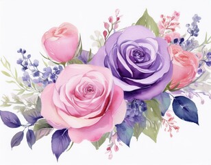 Pink purple rose flower bouquet with watercolor for background, wedding, fabric, textile, 