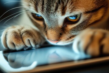 Close-up of a cat's hand using a tablet in a business setting, showcasing technology and productivity.