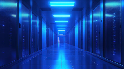 Fototapeta premium A server room illuminated in blue light showcases the elegance of modern digital infrastructure