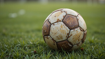 A close-up of a well-used soccer ball, showing signs of wear and dirt, resting on a grassy field.
