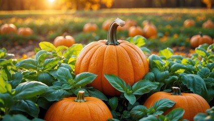 Harvesting Pumpkins in Field During Sunset for Thanksgiving and Halloween
