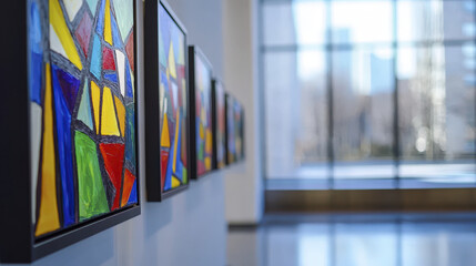Colorful abstract paintings displayed in modern art gallery, showcasing vibrant geometric shapes and patterns