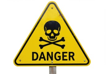 Obraz premium A yellow danger sign with a skull and crossbones on a metal pole against a white background image view