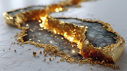 Fototapeta premium Stone crack filled with gold, reflecting light, on marble surface