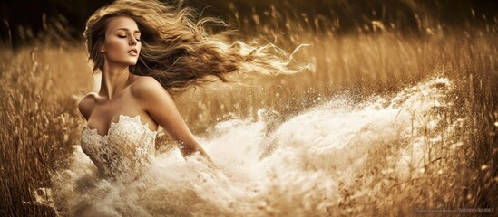 Obraz premium Blonde bride in wheat field, windblown dress, sunset. Wedding photography