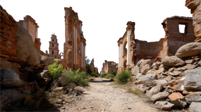 Ghost Town's Whispers: A poignant capture of a historic abandoned town, where time stands still amid the crumbling brick structures, evoking a sense of nostalgia and forgotten stories.