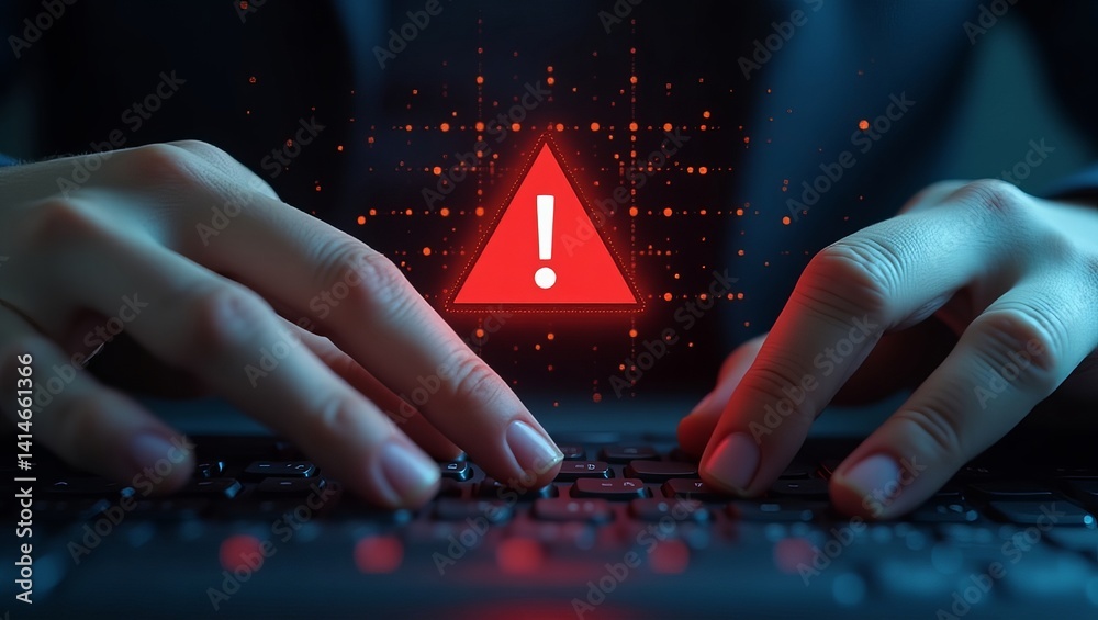 Poster a close-up of hands typing on a keyboard with a red warning icon displayed, signifying urgency and c