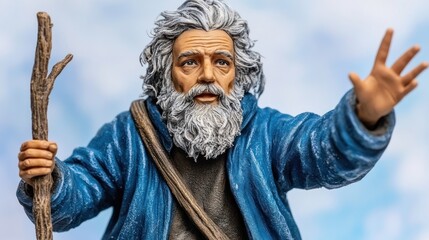 Elderly wanderer, outstretched hand, sky background, figurine